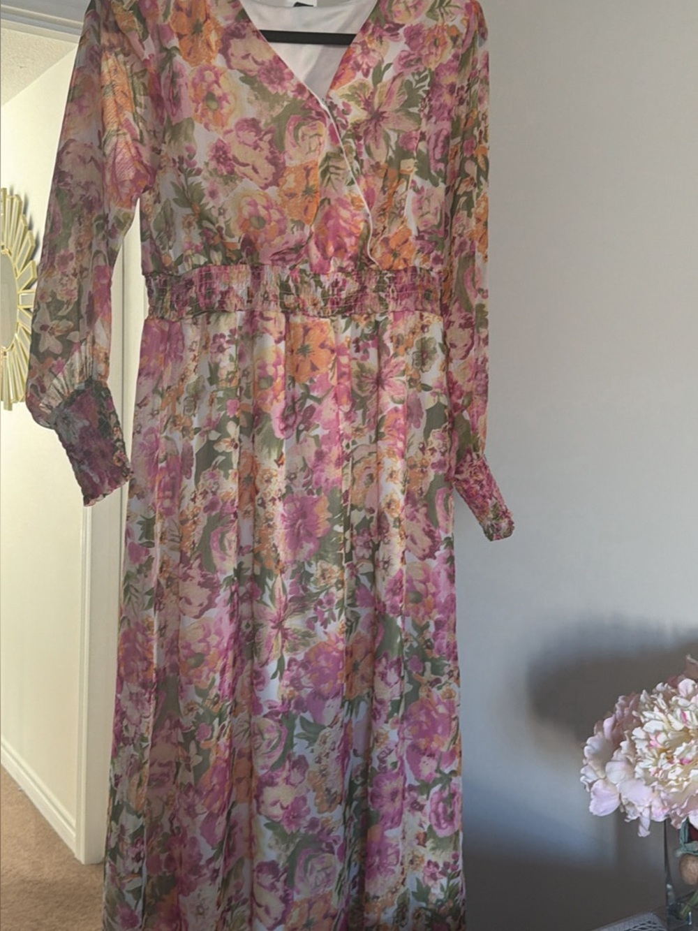 Pink Floral Long Sleeve Maxi Dress